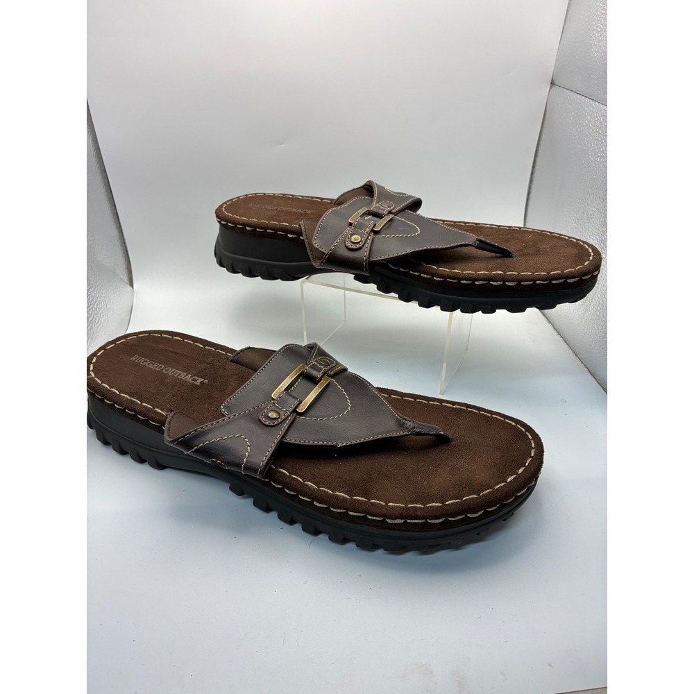 Rugged Outback Mens Flip Flop Sandals Brown Buckle Thong Size 13